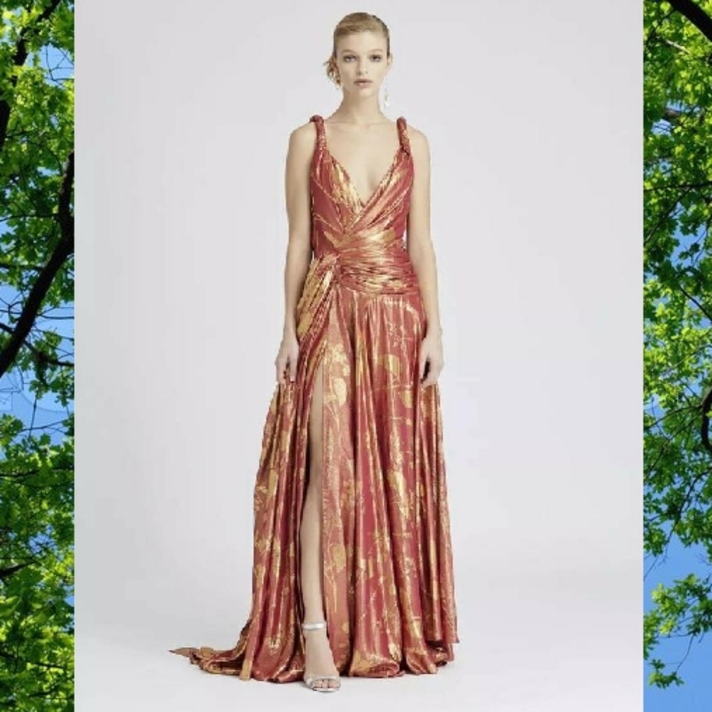 *$8,000 NWT OSCAR DE LA RENTA RED ORANGE GOLD SILK RUNWAY GOWN US 0 XS